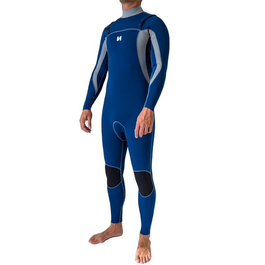 Blue wetsuit with gray accents on a white background