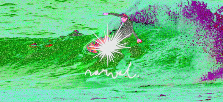 Surreal illustration of a person surfing with a star-like object, on a green and purple abstract background.